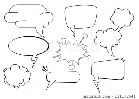 Set pow bubble speech comic expression frame cartoon doodle isolated on white background. Boom explode effect, halftone decoration, 111178541
