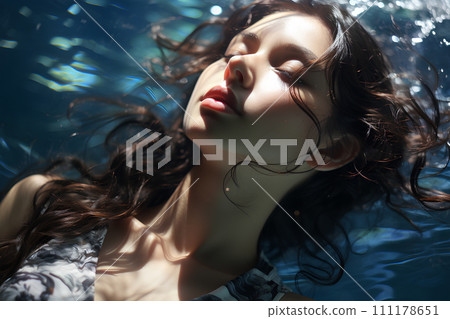 Beautiful woman is in a clear and clean blue swimming pool. She closed her eyes and relaxed. The sun shines on her She is enjoying the summer vacation. This image represents happiness and relaxation. Beautiful woman is in a clear and clean blue swimming pool. She closed her eyes and relaxed. The sun shines on her She is enjoying the summer vacation. This image represents happiness and relaxation. 111178651