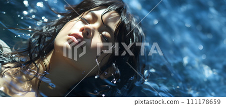Beautiful woman is in a clear and clean blue swimming pool. She closed her eyes and relaxed. The sun shines on her She is enjoying the summer vacation. This image represents happiness and relaxation. Beautiful woman is in a clear and clean blue swimming pool. She closed her eyes and relaxed. The sun shines on her She is enjoying the summer vacation. This image represents happiness and relaxation. 111178659