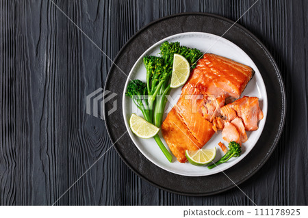 hot smoked salmon with cooked broccoli and lime hot smoked salmon with cooked broccoli and lime 111178925
