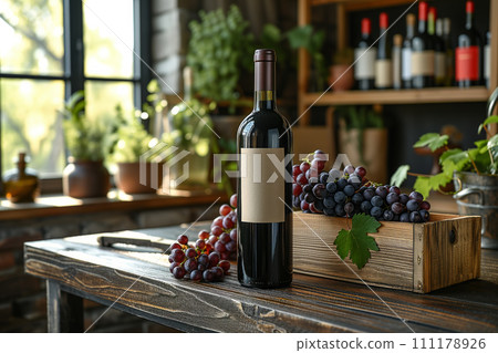 Mock-up of a bottle of red wine standing on a wooden table in the room 111178926