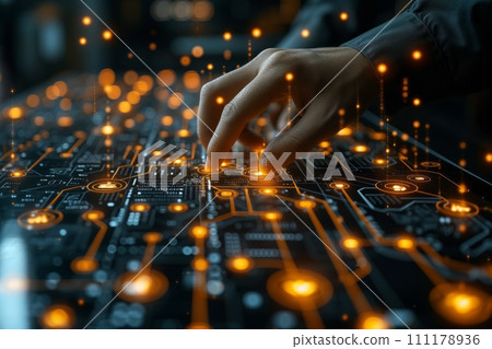 Human hand touches a virtual digital control panel on a dark blue background 111178936