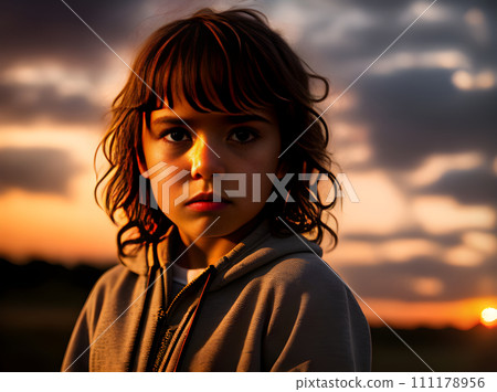Portrait of a sad child at sunset 111178956