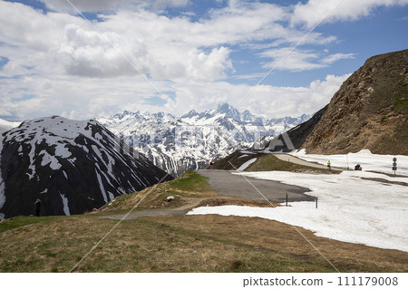 View on the mountains with snow on the Furka Pass in Switzerland 111179008