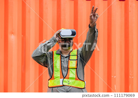 Worker Using VR Vision Pro Technology Equipment Headset Device Work at Container Yard Construction site Innovation in Logistics Industry 111179069