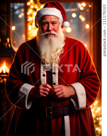 Cozy Santa medium shot warm lighting ambiance. Cozy Santa medium shot warm lighting ambiance. 111179103