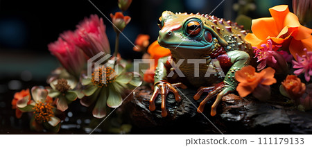 Brightly colored frog with bright red eyes. Perched on a stationary branch, it stands out against dark background. Frogs are brightly colored to warn predators that I am poisonous, so don't eat me. Brightly colored frog with bright red eyes. Perched on a stationary branch, it stands out against dark background. Frogs are brightly colored to warn predators that I am poisonous, so don't eat me. 111179133