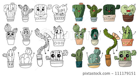 Cactus for adult and children coloring book. Flat 111179151