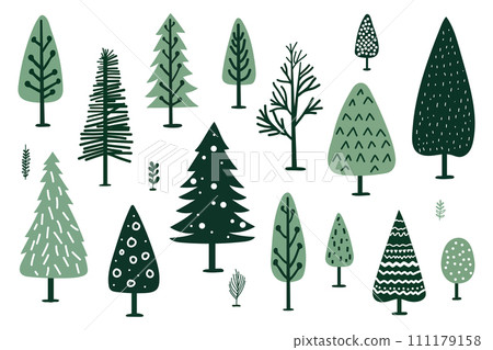 Hand drawn Christmas tree icons. Doodles and sketches. Cute green trees. 111179158