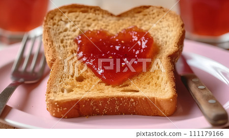 Golden-yellow toast on a white plate with heart-shaped red fruit jam is a cute way to express your love. Worried that the person you love will be hungry in the morning, breakfast is prepared for them. 111179166