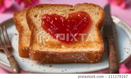 Golden-yellow toast on a white plate with heart-shaped red fruit jam is a cute way to express your love. Worried that the person you love will be hungry in the morning, breakfast is prepared for them. 111179167