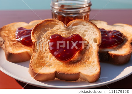 Golden-yellow toast on a white plate with heart-shaped red fruit jam is a cute way to express your love. Worried that the person you love will be hungry in the morning, breakfast is prepared for them. 111179168