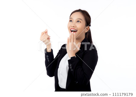 Portrait young asian businesswoman in suit standing with excited isolated white background. Portrait young asian businesswoman in suit standing with excited isolated white background. 111179179