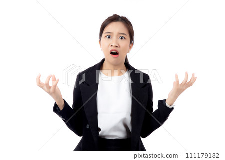 Portrait young asian businesswoman standing with angry and stress while frustrated isolated. Portrait young asian businesswoman standing with angry and stress while frustrated isolated. 111179182