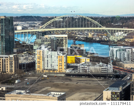Views of Portland from a high point in the city. View from the window of the Portland City Grill seafood restaurant. Views of Portland from a high point in the city. View from the window of the Portland City Grill seafood restaurant. 111179411