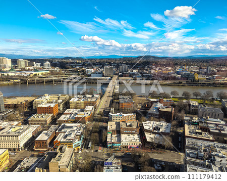 Views of Portland from a high point in the city. View from the window of the Portland City Grill seafood restaurant. Views of Portland from a high point in the city. View from the window of the Portland City Grill seafood restaurant. 111179412