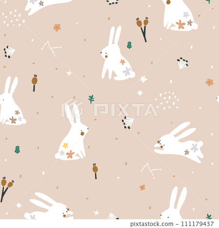 Seamless childish pattern with cute hand drawn rabbits and botanical elements. 111179437