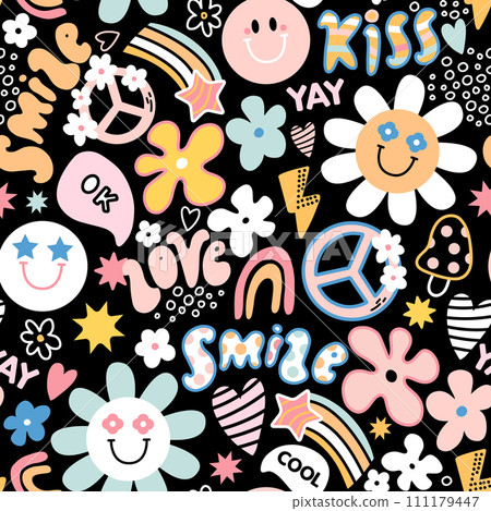 Groovy seamless pattern with flowers, rainbow, stars, daisy, peace sign. 111179447