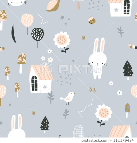 Seamless childish pattern with cute bunny character, house, star, flower,moon. Seamless childish pattern with cute bunny character, house, star, flower,moon. 111179454