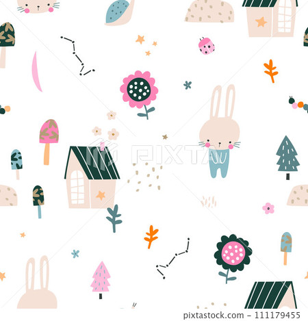 Seamless childish pattern with cute bunny character, house, star, flower,moon. Seamless childish pattern with cute bunny character, house, star, flower,moon. 111179455