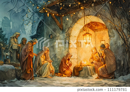 Watercolor painting the time of Jesus' birth. The atmosphere is full of happiness. Can be used for various uses such as Christmas gifts, home decoration, educational purposes or used for conservation. Watercolor painting the time of Jesus' birth. The atmosphere is full of happiness. Can be used for various uses such as Christmas gifts, home decoration, educational purposes or used for conservation. 111179781