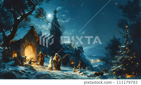 Watercolor painting the time of Jesus' birth. The atmosphere is full of happiness. Can be used for various uses such as Christmas gifts, home decoration, educational purposes or used for conservation. Watercolor painting the time of Jesus' birth. The atmosphere is full of happiness. Can be used for various uses such as Christmas gifts, home decoration, educational purposes or used for conservation. 111179783