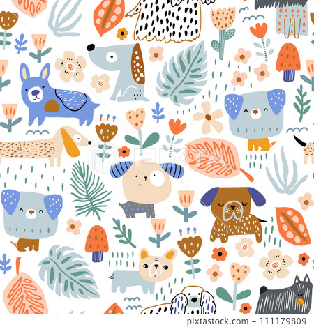 Seamless pattern with cute dogs and florals. Childish funny puppy texture. Vector illustration Seamless pattern with cute dogs and florals. Childish funny puppy texture. Vector illustration 111179809
