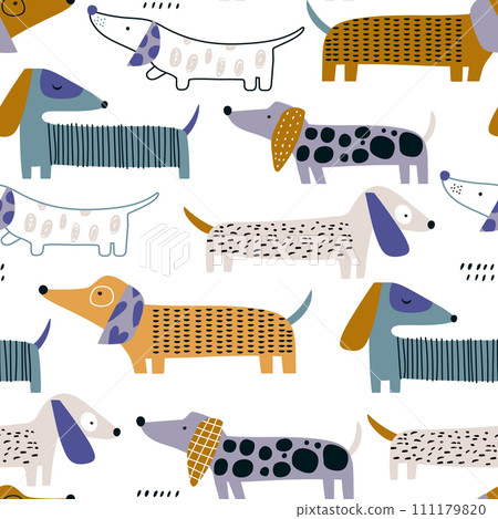 Cute dachshund pattern. Hand drawn seamless texture with dogs. Vector illustration 111179820