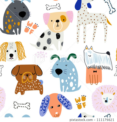 Seamless pattern with cute creative dogs. Funny puppy childish texture. Vector illustration 111179821