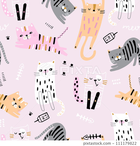 Seamless pattern with cute hand drawn cats. Creative cartoon kittens texture. Vector illustration Seamless pattern with cute hand drawn cats. Creative cartoon kittens texture. Vector illustration 111179822
