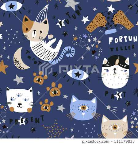 Cartoon cats fortune tellers kids texture. Funny cats seamless pattern. Perfect for kids fabric wallpaper. Vector illustration 111179823