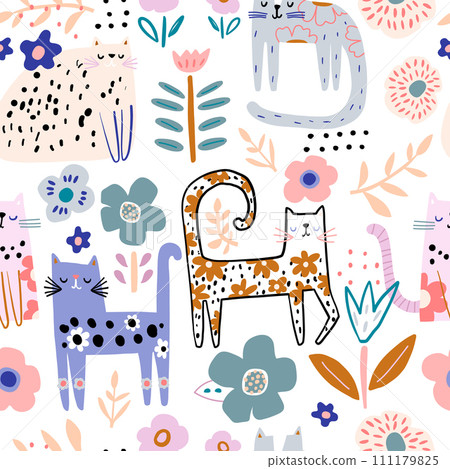 Seamless childish pattern with floral cute hand drawn cats. Creative kids hand drawn texture for fabric, wrapping, textile, wallpaper, apparel. Vector illustration 111179825