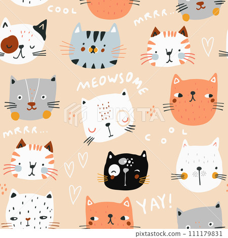 Seamless pattern with hand drawn cat faces. Creative cats texture. Vector illustration 111179831
