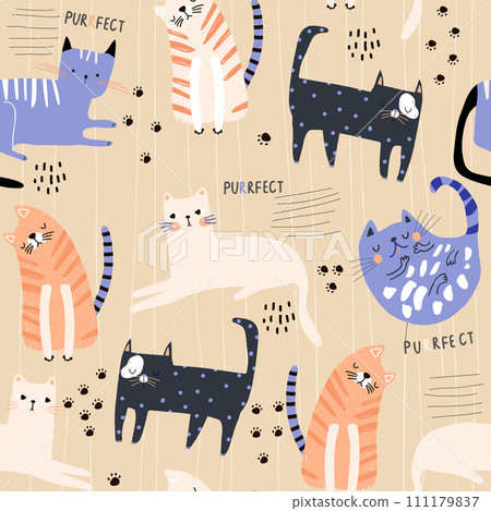 Seamless childish pattern with cute hand drawn cats. Creative kids hand drawn texture for fabric, wrapping, textile, wallpaper, apparel. Vector illustration Seamless childish pattern with cute hand drawn cats. Creative kids hand drawn texture for fabric, wrapping, textile, wallpaper, apparel. Vector illustration 111179837