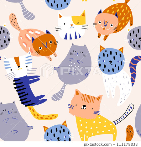 Seamless childish pattern with colourful cute hand drawn cats. Creative kids hand drawn texture for fabric, wrapping, textile, wallpaper, apparel. Vector illustration Seamless childish pattern with colourful cute hand drawn cats. Creative kids hand drawn texture for fabric, wrapping, textile, wallpaper, apparel. Vector illustration 111179838