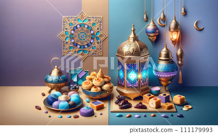 AI-generated content. Arabian lantern and traditional Eid al-Fitr sweets on beautiful decorated table still-life in color palette of blue, purple and gold 111179993