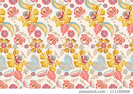 Ikat floral paisley embroidery on white background.Ikat ethnic oriental seamless pattern traditional.Aztec style abstract vector illustration.design for texture,fabric,clothing,wrapping,decoration. 111180086
