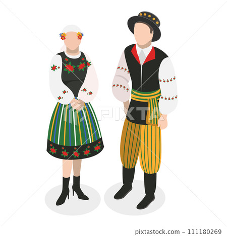 3D Isometric Flat Vector Set of Europeam Tradition Clothes. Item 3 111180269