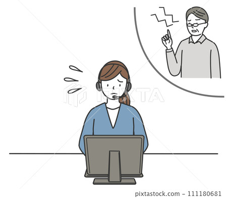 A woman at a call center receives a complaint from a senior man 111180681