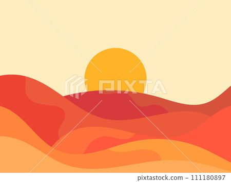 Desert landscape with dunes and sun in a minimalist style. Desert wavy landscape with sun. Design for printing banners, posters, book covers. Vector illustration Desert landscape with dunes and sun in a minimalist style. Desert wavy landscape with sun. Design for printing banners, posters, book covers. Vector illustration 111180897