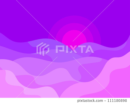 Landscape of wavy hills at sunset in a minimalist style. Dusk over the hills, purple and lilac shades. Boho decor. Design for printing banners, posters, book covers. Vector illustration Landscape of wavy hills at sunset in a minimalist style. Dusk over the hills, purple and lilac shades. Boho decor. Design for printing banners, posters, book covers. Vector illustration 111180898