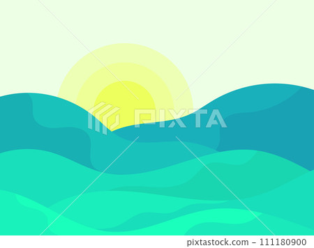 Wavy landscape with green hills and the sun on the horizon. Dawn with green meadows in a minimalist style. Design for posters, prints and banners. Vector illustration Wavy landscape with green hills and the sun on the horizon. Dawn with green meadows in a minimalist style. Design for posters, prints and banners. Vector illustration 111180900