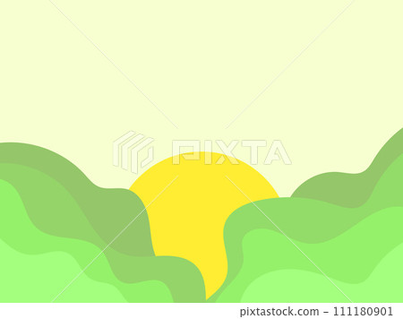 Wavy landscape with green hills and the sun on the horizon. Dawn with green meadows in a minimalist style. Design for posters, prints and banners. Vector illustration Wavy landscape with green hills and the sun on the horizon. Dawn with green meadows in a minimalist style. Design for posters, prints and banners. Vector illustration 111180901