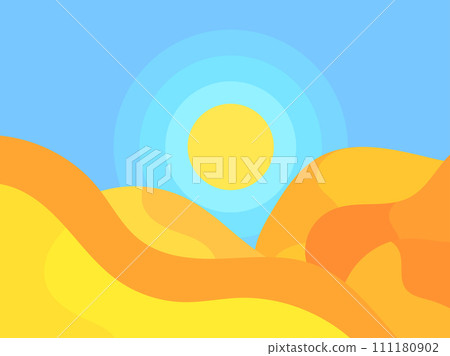 Desert landscape with dunes and sun in a minimalist style. Desert wavy landscape with sun. Design for printing banners, posters, book covers. Vector illustration Desert landscape with dunes and sun in a minimalist style. Desert wavy landscape with sun. Design for printing banners, posters, book covers. Vector illustration 111180902