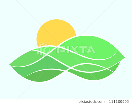 Wavy landscape with green hills and the sun. Dawn with green meadows in a minimalist style. Dawn over green fields. Design for posters, prints and banners. Vector illustration Wavy landscape with green hills and the sun. Dawn with green meadows in a minimalist style. Dawn over green fields. Design for posters, prints and banners. Vector illustration 111180903