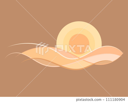 Desert landscape with sand dunes in line art style. Sunrise over the desert in minimalist style. Wavy landscape with dunes and sun. Design for banners, posters and wallpapers. Vector illustration Desert landscape with sand dunes in line art style. Sunrise over the desert in minimalist style. Wavy landscape with dunes and sun. Design for banners, posters and wallpapers. Vector illustration 111180904