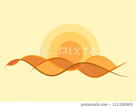Desert landscape with sand dunes in line art style. Sunrise over the desert in minimalist style. Wavy landscape with dunes and sun. Design for banners, posters and wallpapers. Vector illustration Desert landscape with sand dunes in line art style. Sunrise over the desert in minimalist style. Wavy landscape with dunes and sun. Design for banners, posters and wallpapers. Vector illustration 111180905