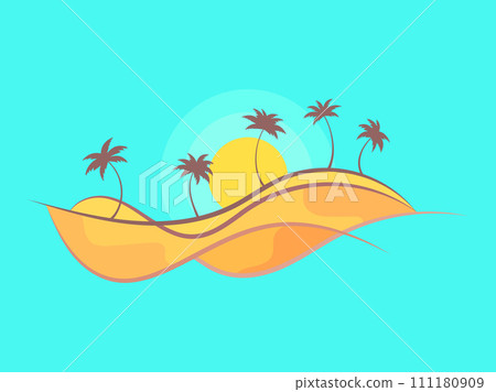 Desert landscape with palm trees and sun isolated on blue background. Desert sand dunes in line art style with palm trees and sunrise. Design for covers, banners and posters. Vector illustration 111180909