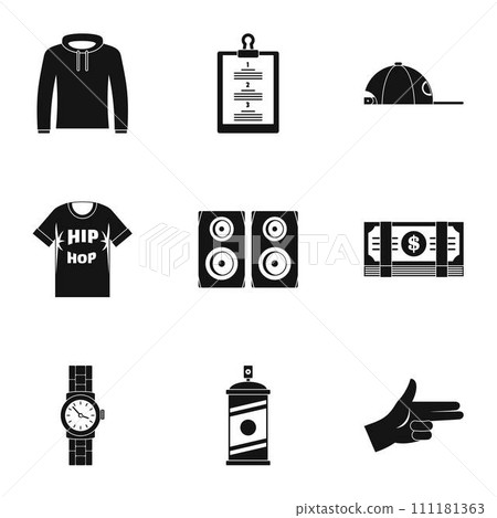 Gangsta rap icon set. Simple set of 9 gangsta rap vector icons for web design on white background 111181363