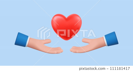 3D hands holding red heart. 111181417